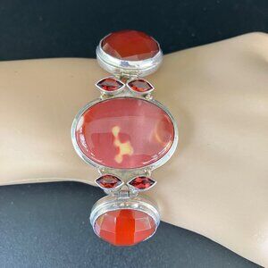 925 Silver Large Link Faceted Red Carnelian Bracelet